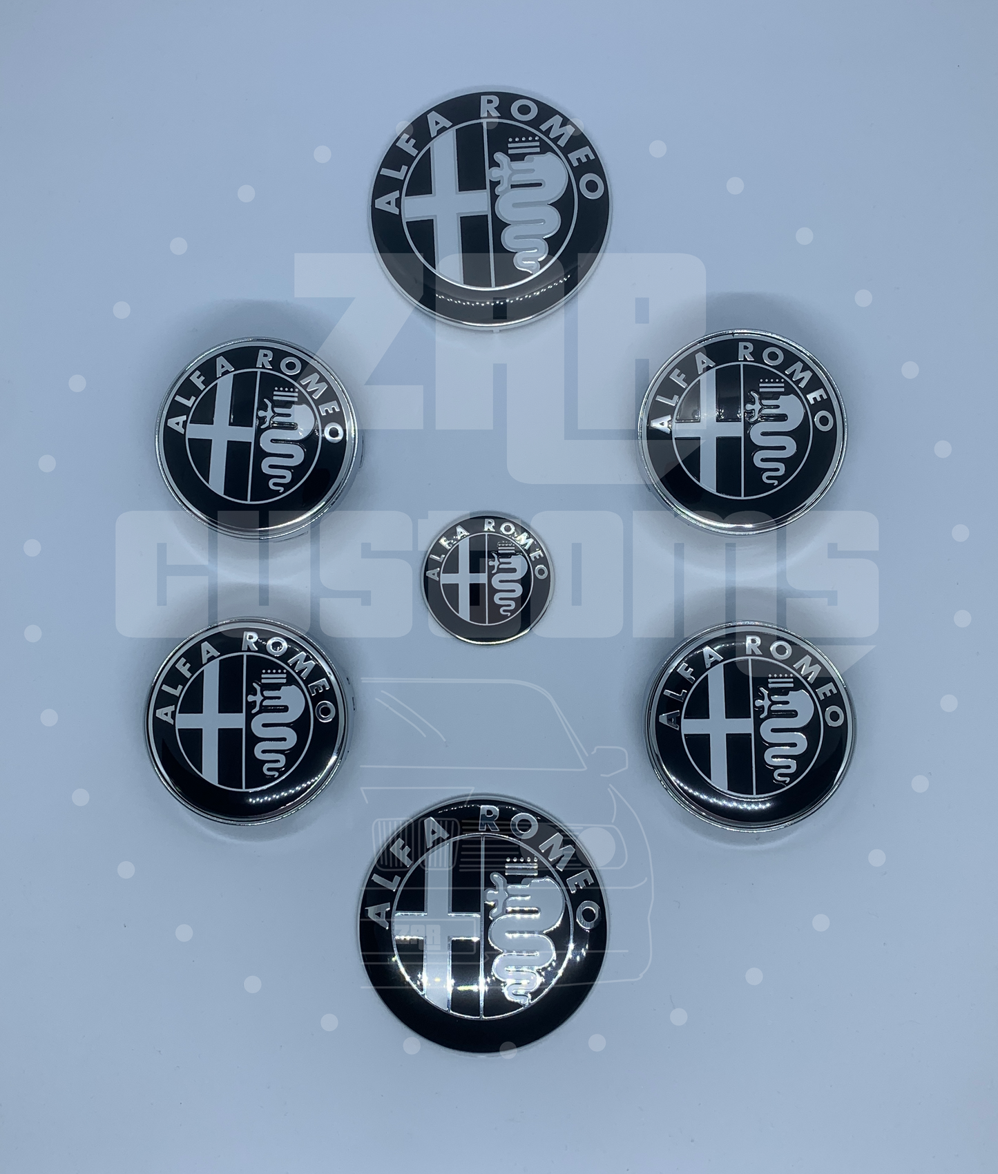 Alfa Romeo Gloss Black + Gloss White + Silver Emblem Badge 7pcs Set with Wheel Cap for Giulietta Giulia Mito 156 147 Spider Brera