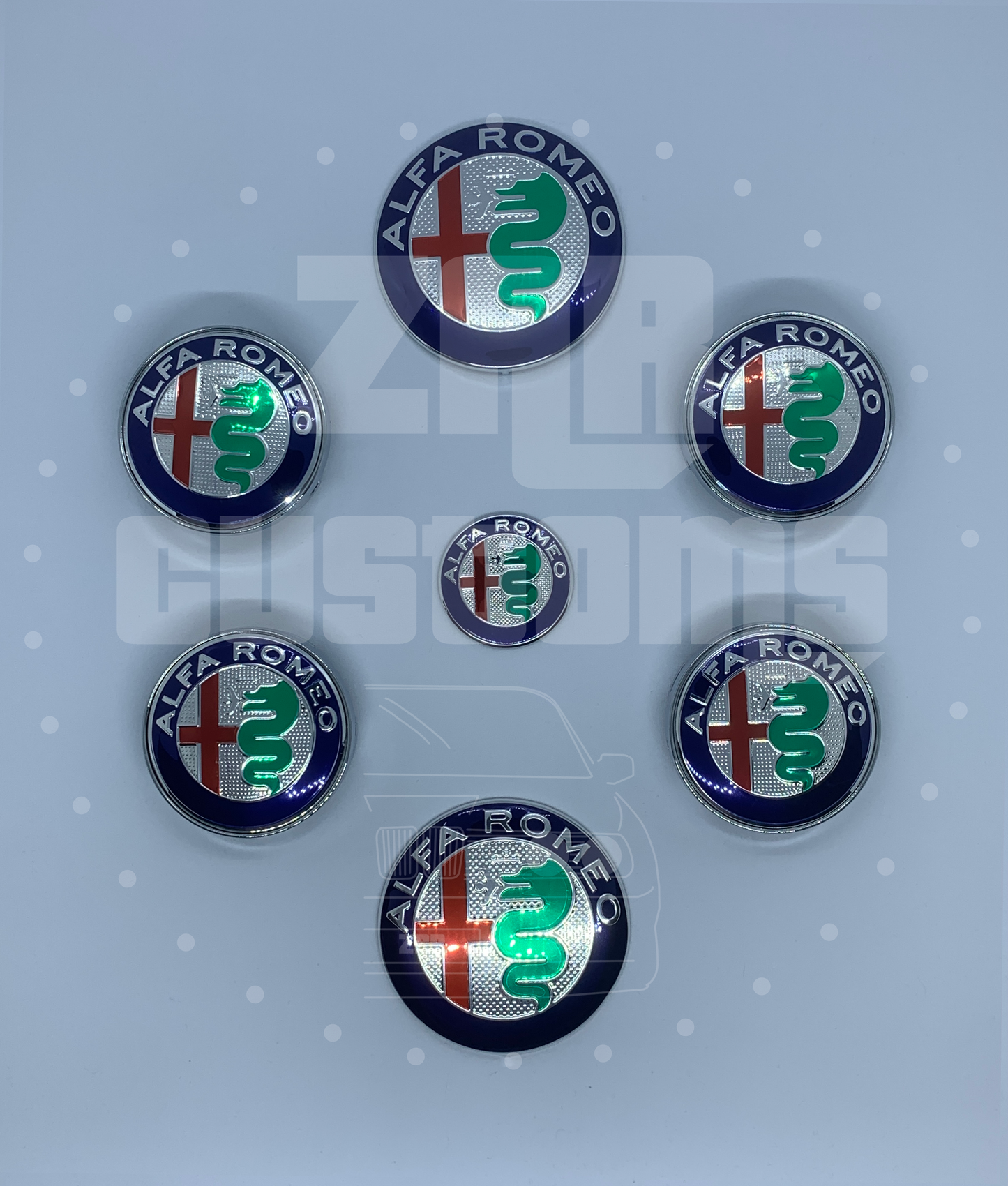 Alfa Romeo Navy + Silver Emblem Badge 7pcs Set with Wheel Cap for Giulietta Giulia Mito 156 147 Spider Brera