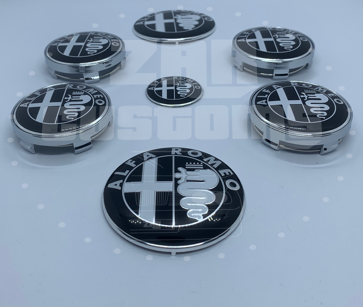 Alfa Romeo Gloss Black + Gloss White + Silver Emblem Badge 7pcs Set with Wheel Cap for Giulietta Giulia Mito 156 147 Spider Brera