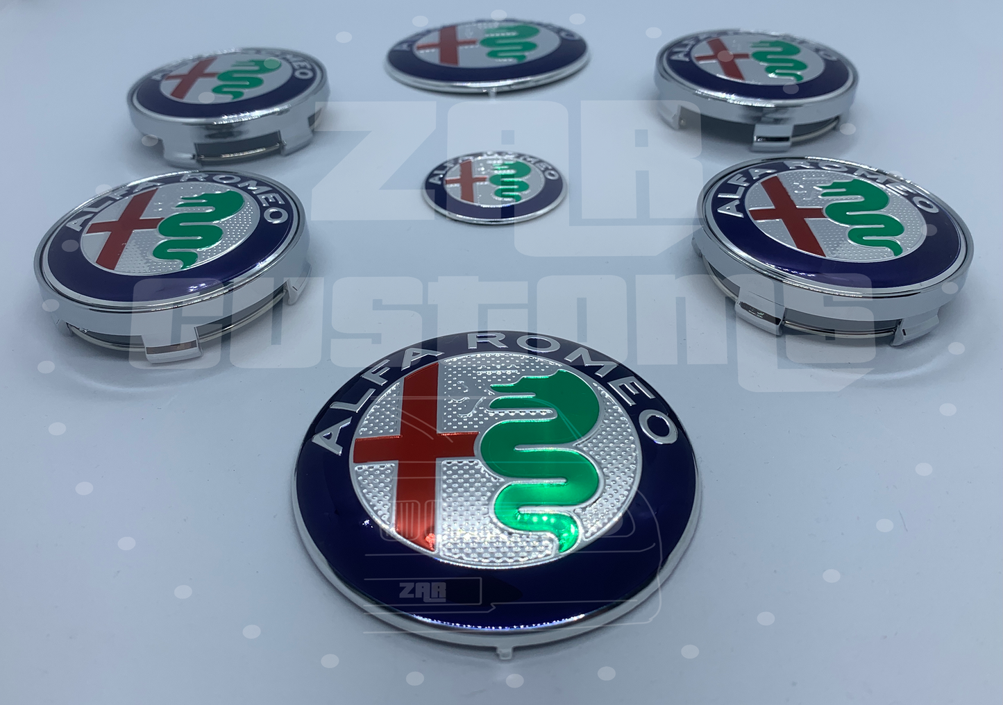 Alfa Romeo Navy + Silver Emblem Badge 7pcs Set with Wheel Cap for Giulietta Giulia Mito 156 147 Spider Brera