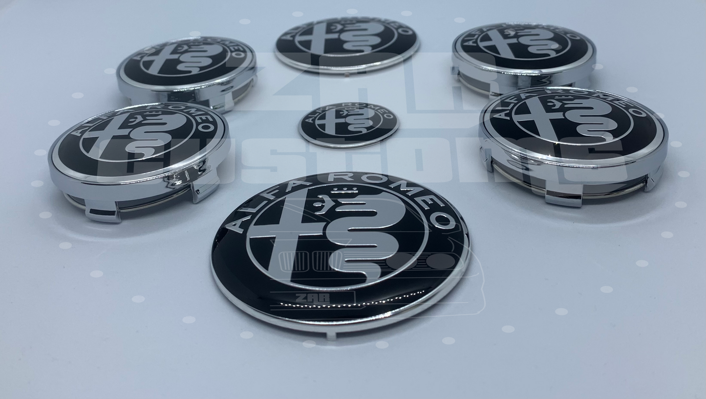 Alfa Romeo Gloss Black + Silver Emblem Badge 7pcs Set with Wheel Cap for Giulietta Giulia Mito 156 147 Spider Brera